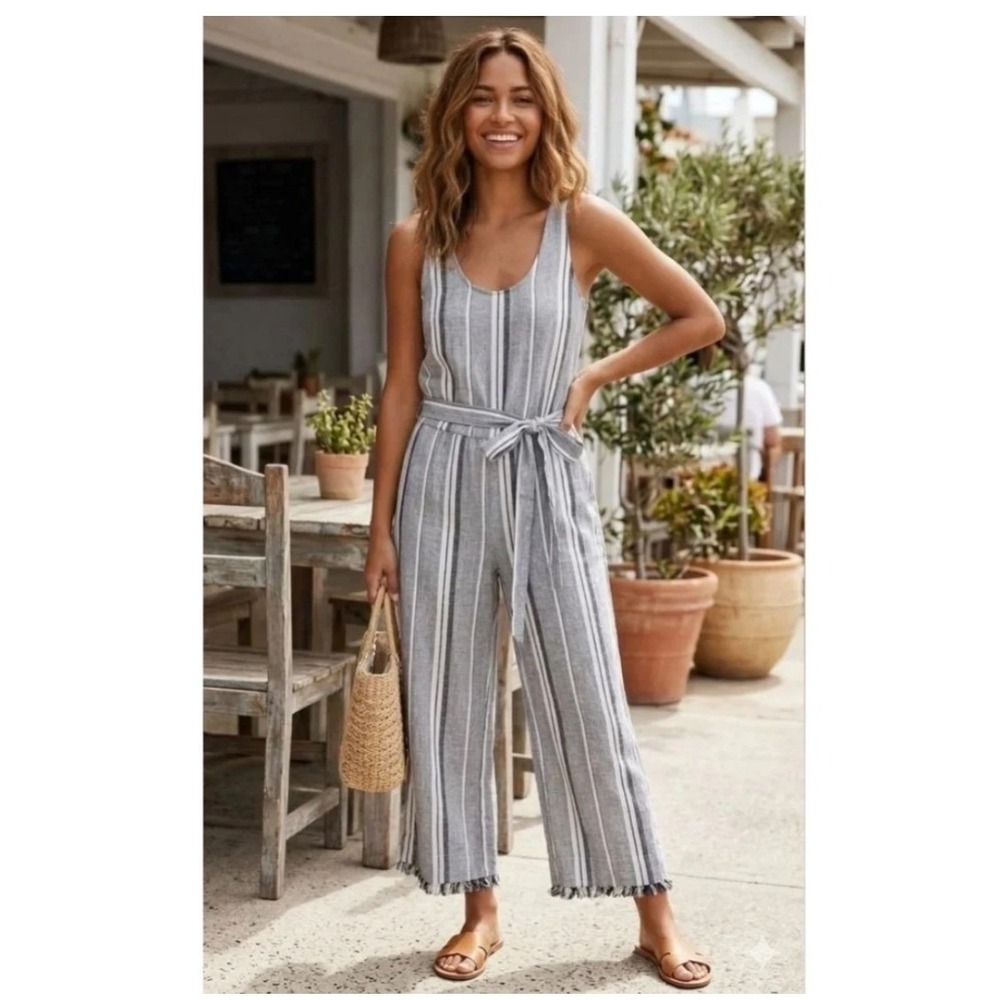 Cloth & Stone Grey White Striped Wide Leg Jumpsuit Sleeveless Linen Blend XS NWT